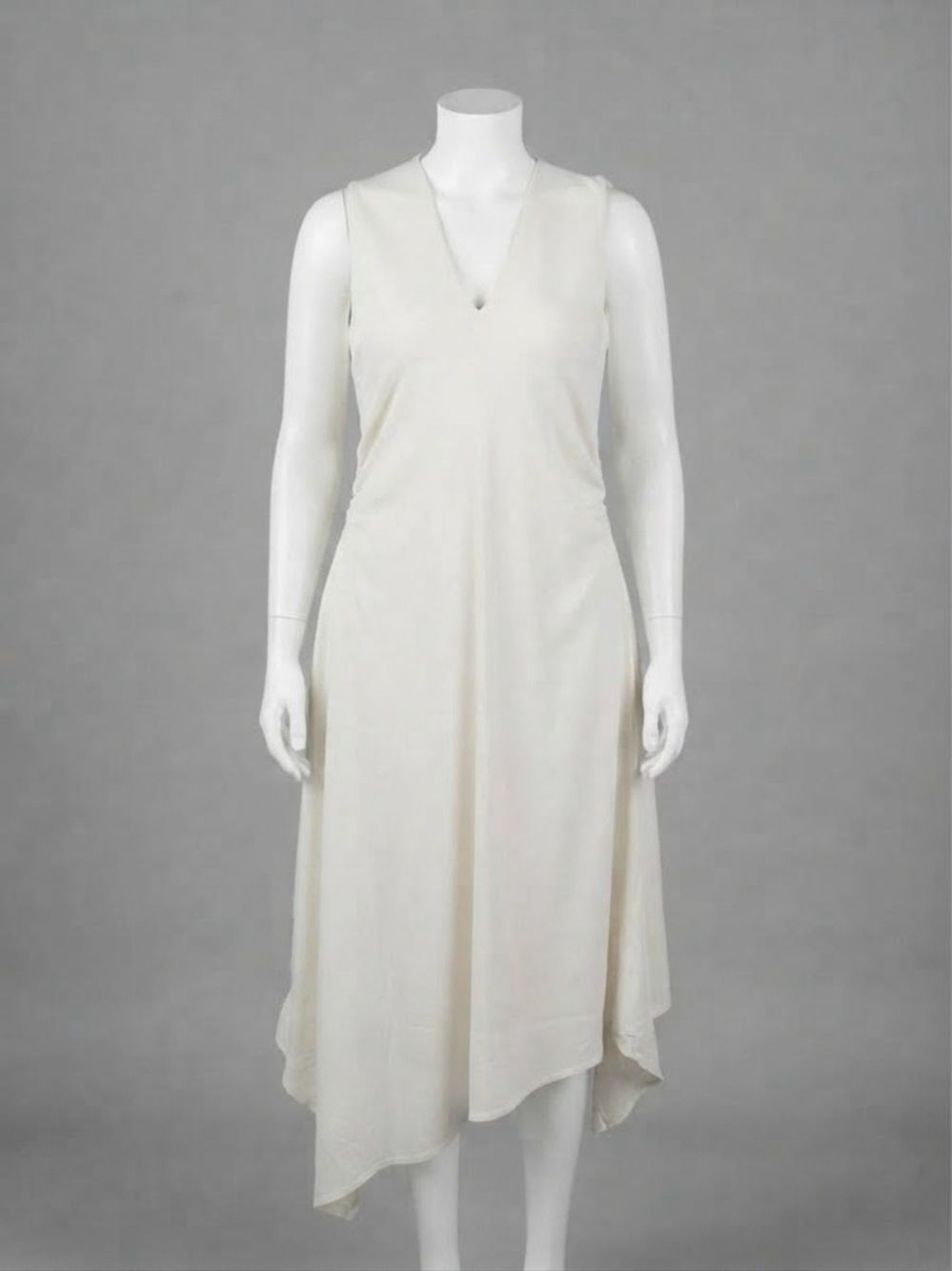 COS Womens L Ivory Asymmetric Midi Dress Ruched Draped V Neck NWT